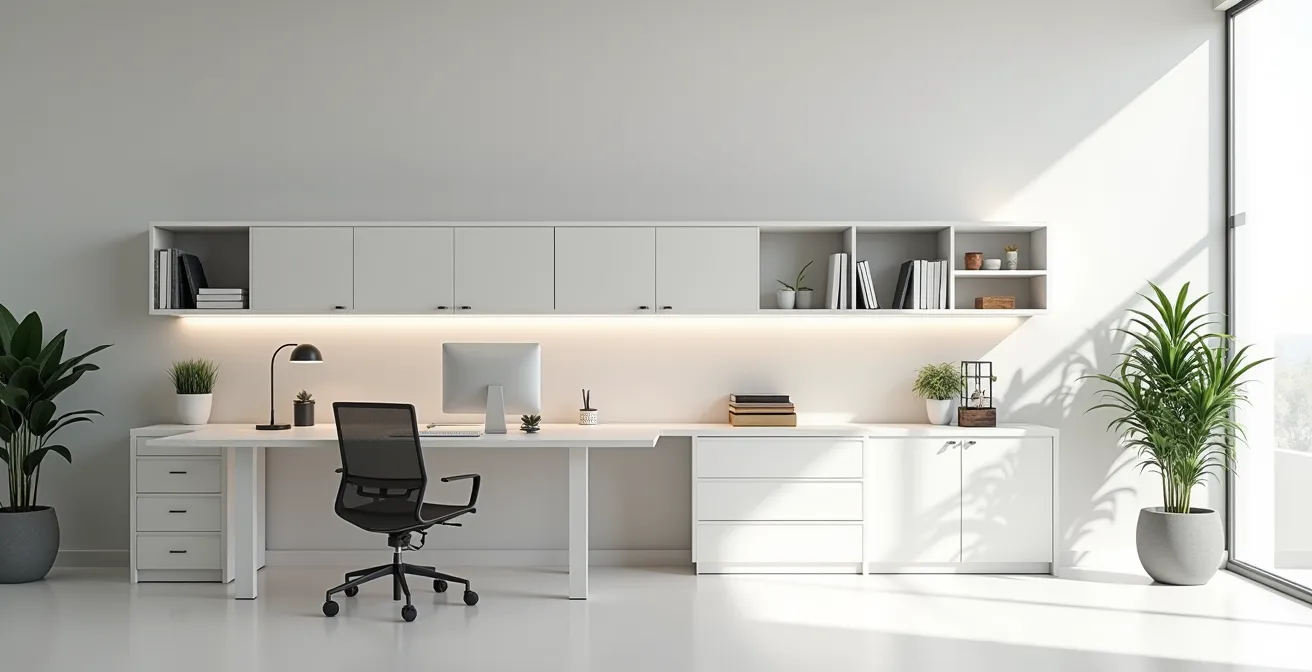 Vue large d'un espace de travail avec système de rangement intégré et ambiance épurée