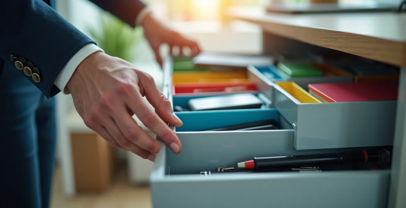 Main ouvrant un tiroir de caisson révélant un système d'organisation par compartiments