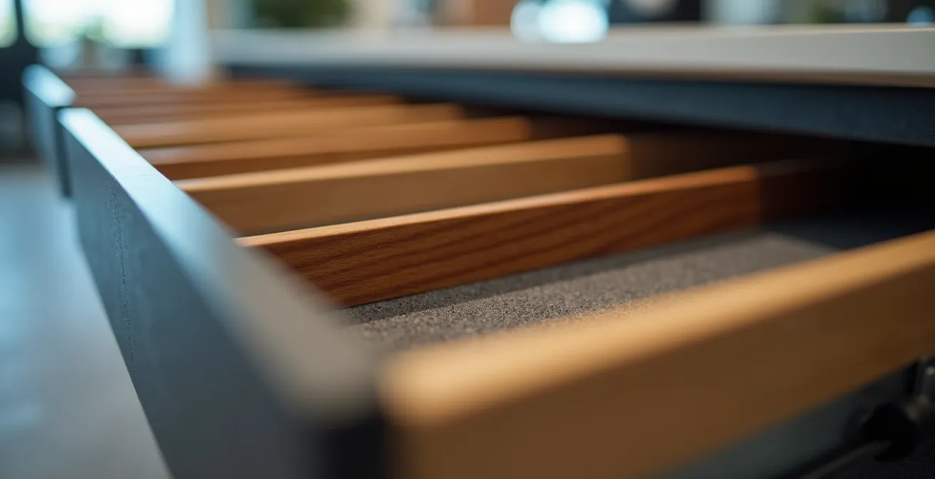 Gros plan sur un caisson de rangement sous bureau avec tiroirs organisés