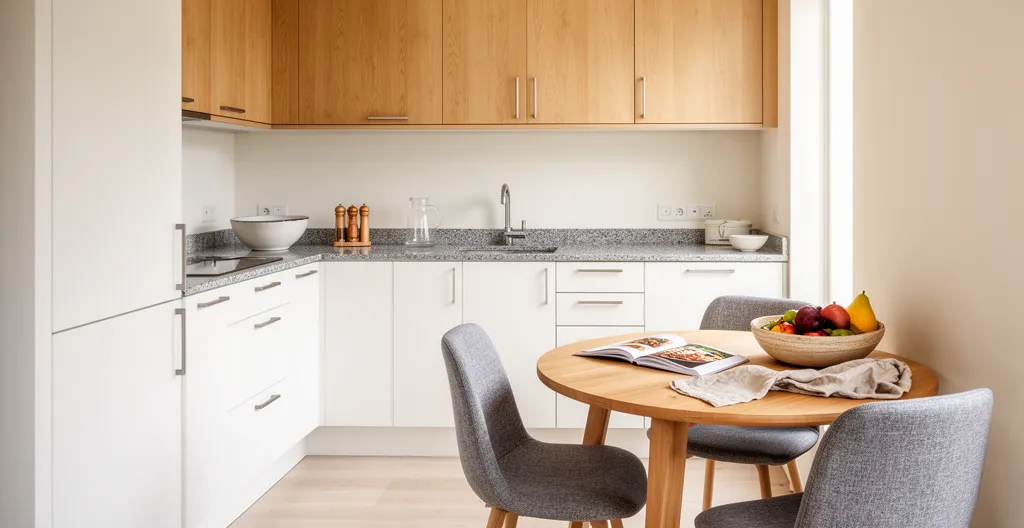 Vue d'ensemble d'une cuisine aménagée en L avec coin repas intégré