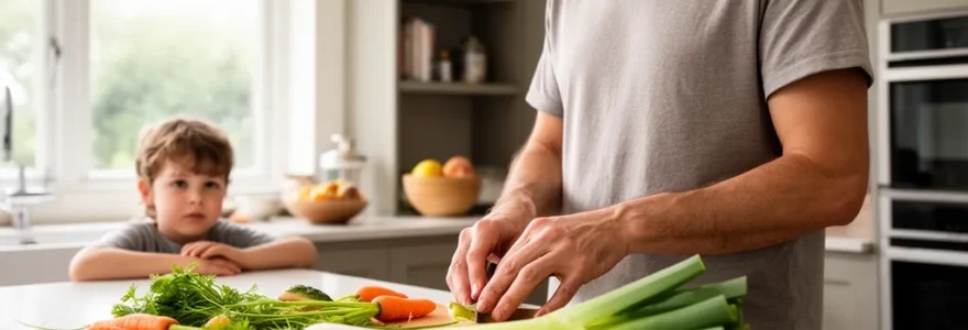 Famille préparant un repas dans une cuisine contemporaine lumineuse