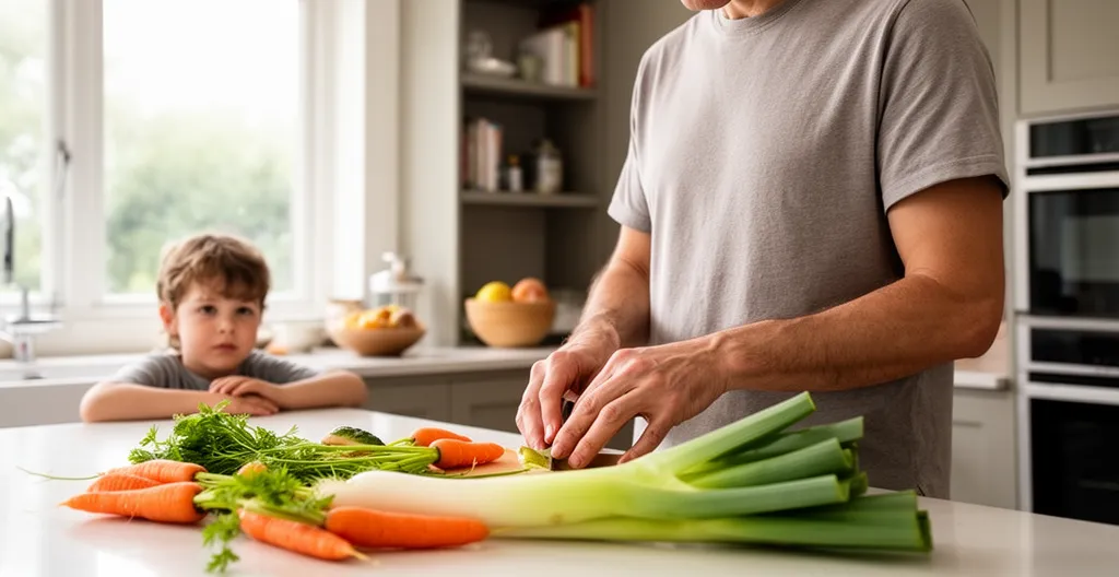 Famille préparant un repas dans une cuisine contemporaine lumineuse