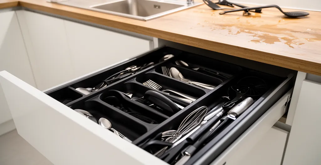 Tiroir de cuisine ouvert montrant une organisation pratique des ustensiles